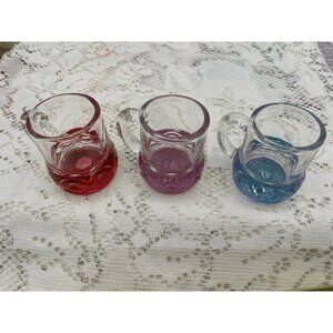 Set Of 3 Miniature Glass Shot Mugs Red Purple & Blue Bases Vintage Style Decorat